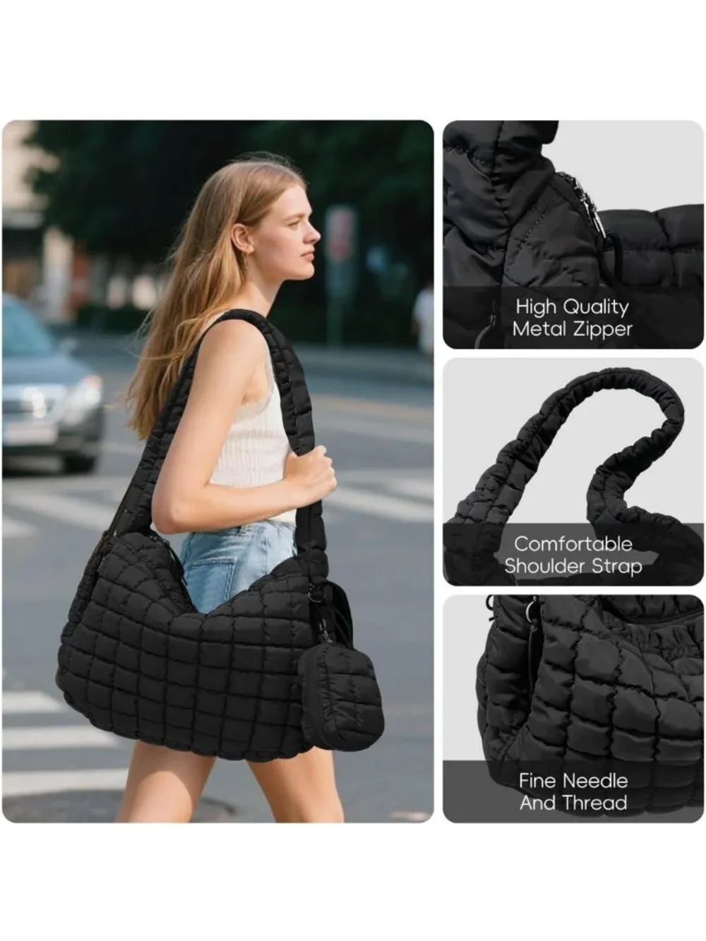 Large Quilted Puffer Tote Bag with Pouch | Stylish Puffy Hobo & Crossbody Purse